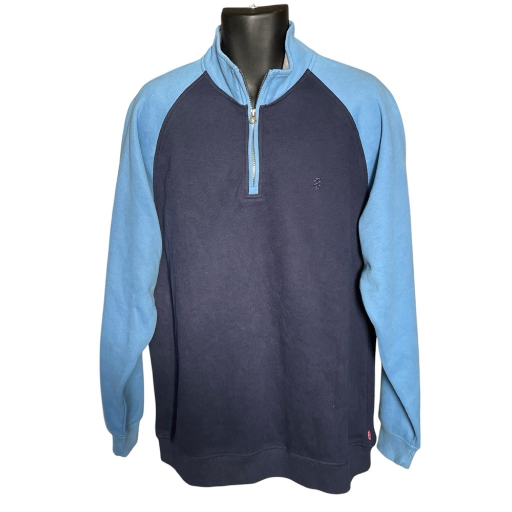 IZOD Quarter Zip Sweatshirt Sueded Fleece Raglan Sleeves Blue Size Large